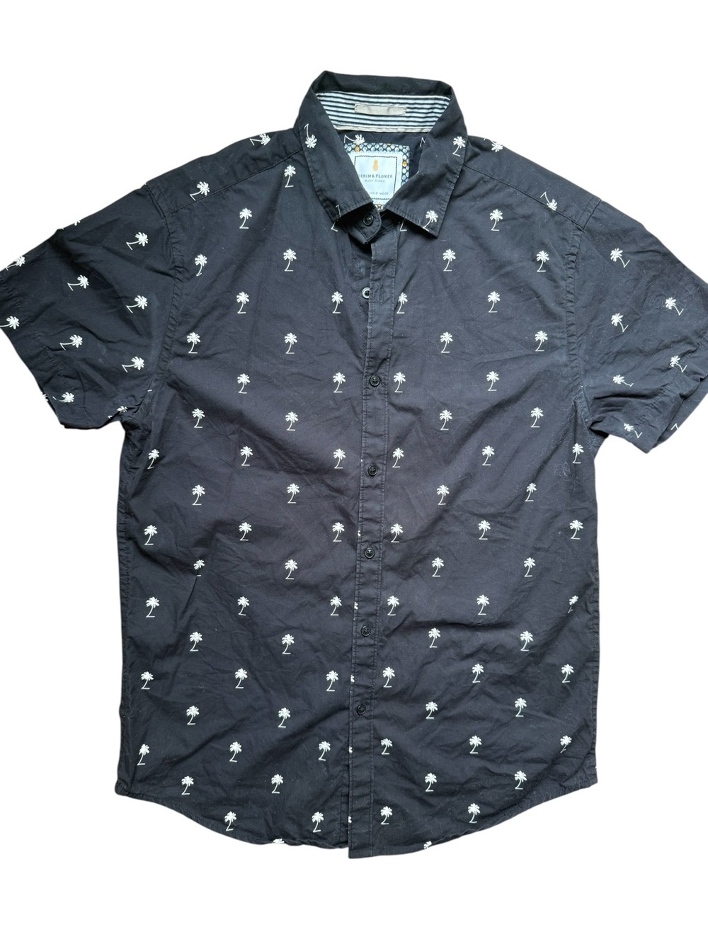 Denim & Flower Button Up Shirt Medium Black Palm Tree Print Cotton Short Sleeve